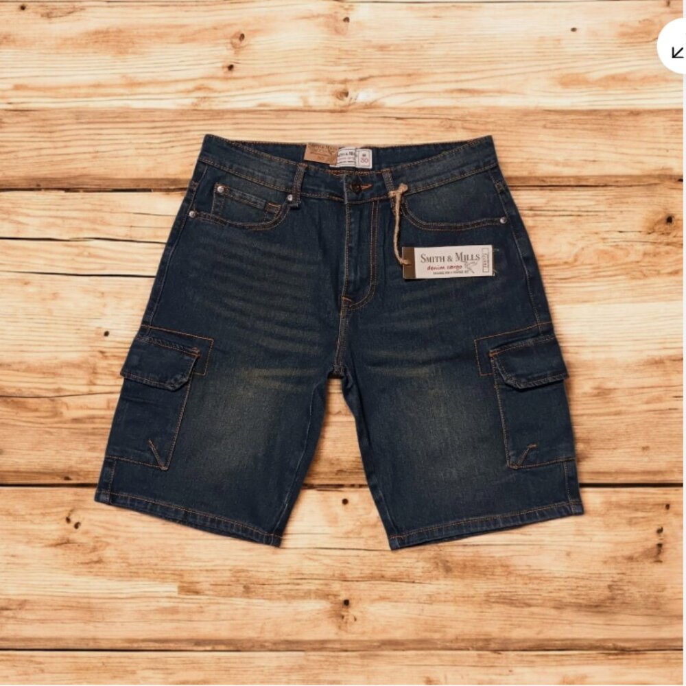 Smith & Mills Denim Cargo Shorts Mens Size 30x9.5 inches Stretch Blue NEW